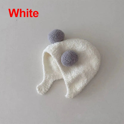 White kids bear-ear ear protection hood hat with gray pom-pom accents