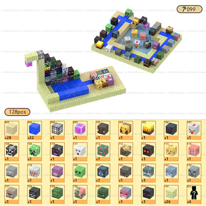 Magnetic building blocks mine layout with blue water, tunnels, and character figures