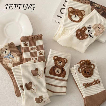 Teddy bear crew socks set, white and brown plaid with bear faces and striped cuffs