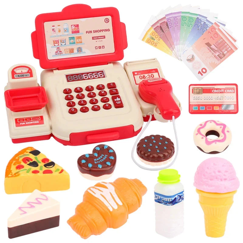 Red electronic cash register toy with keypad, card reader, and play money