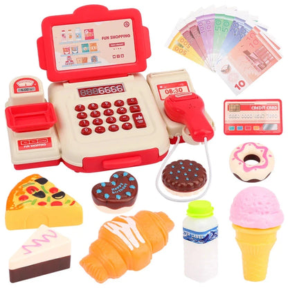 Red electronic cash register toy with keypad, card reader, and play money