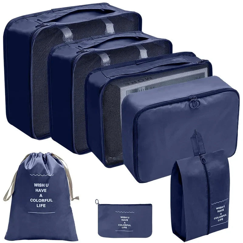 Navy blue travel packing organizer cubes set with mesh tops and matching zip pouches