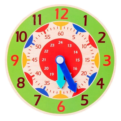 Green Montessori wooden learning clock with blue hands and colorful number dial