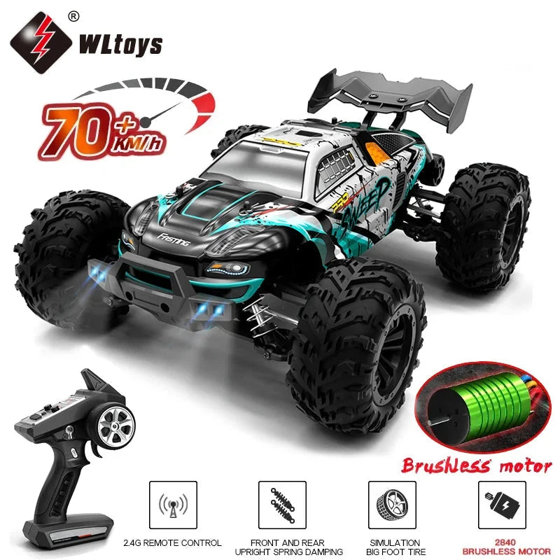 4WD LED monster RC truck in silver and teal, large black tires and roof spoiler