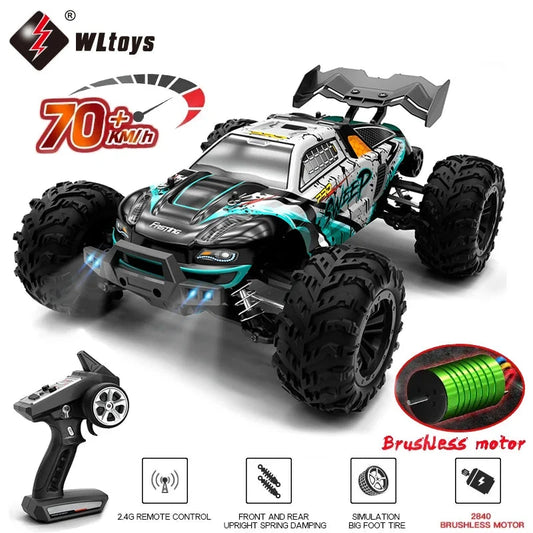 4WD LED monster RC truck in silver and teal, large black tires and roof spoiler