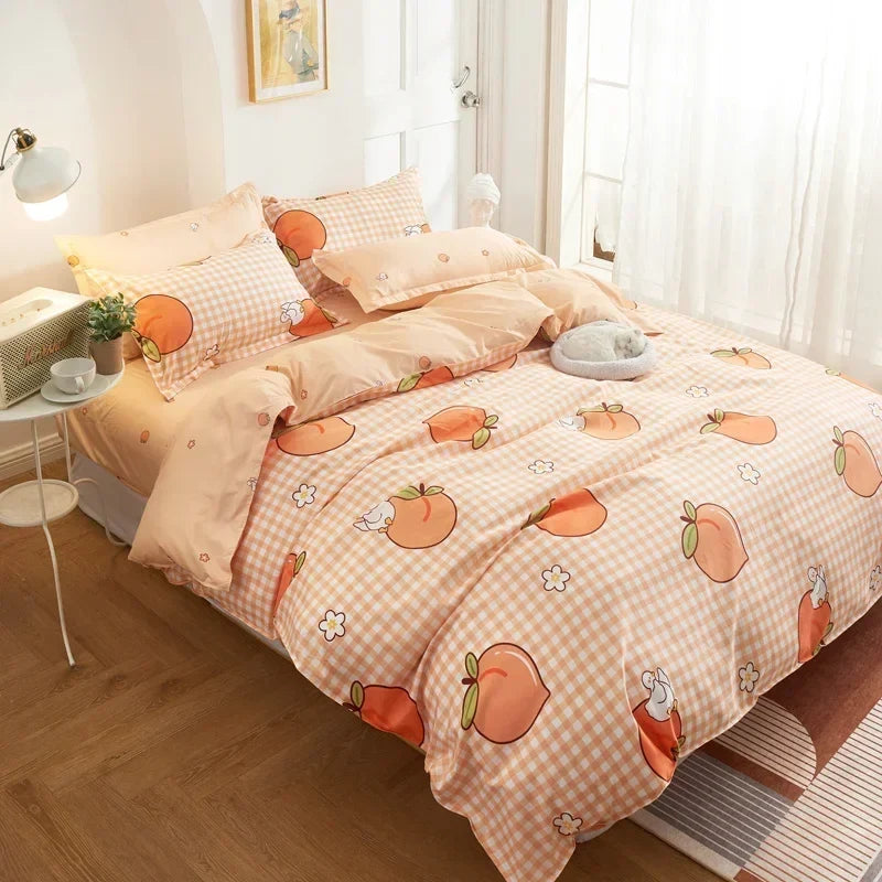 Kawaii Sweet Peach & Ducky Bedding Set – 3-Piece Duvet Cover & Pillowcase Set | Twin to King