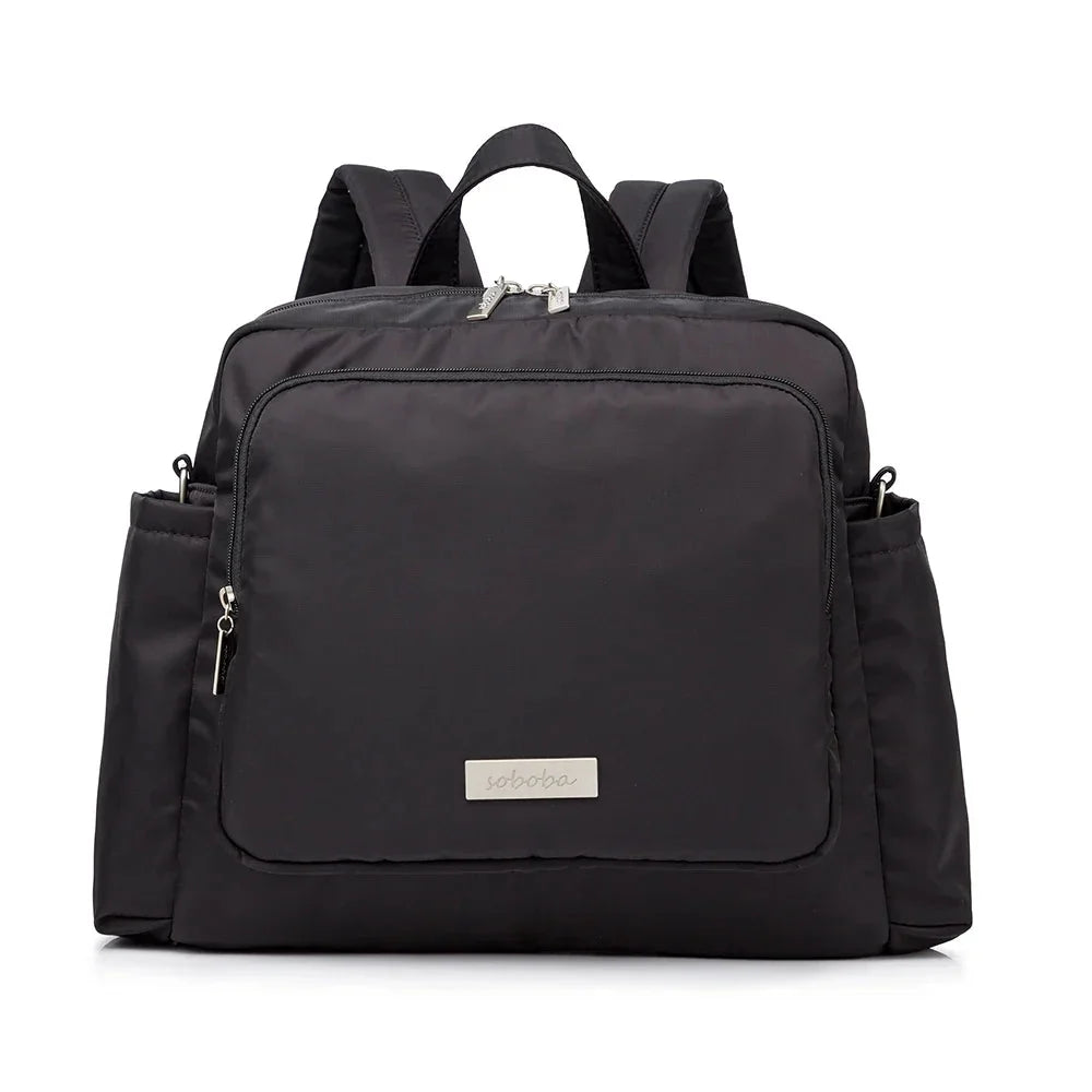 Black waterproof diaper bag backpack with front zip pocket and side pockets