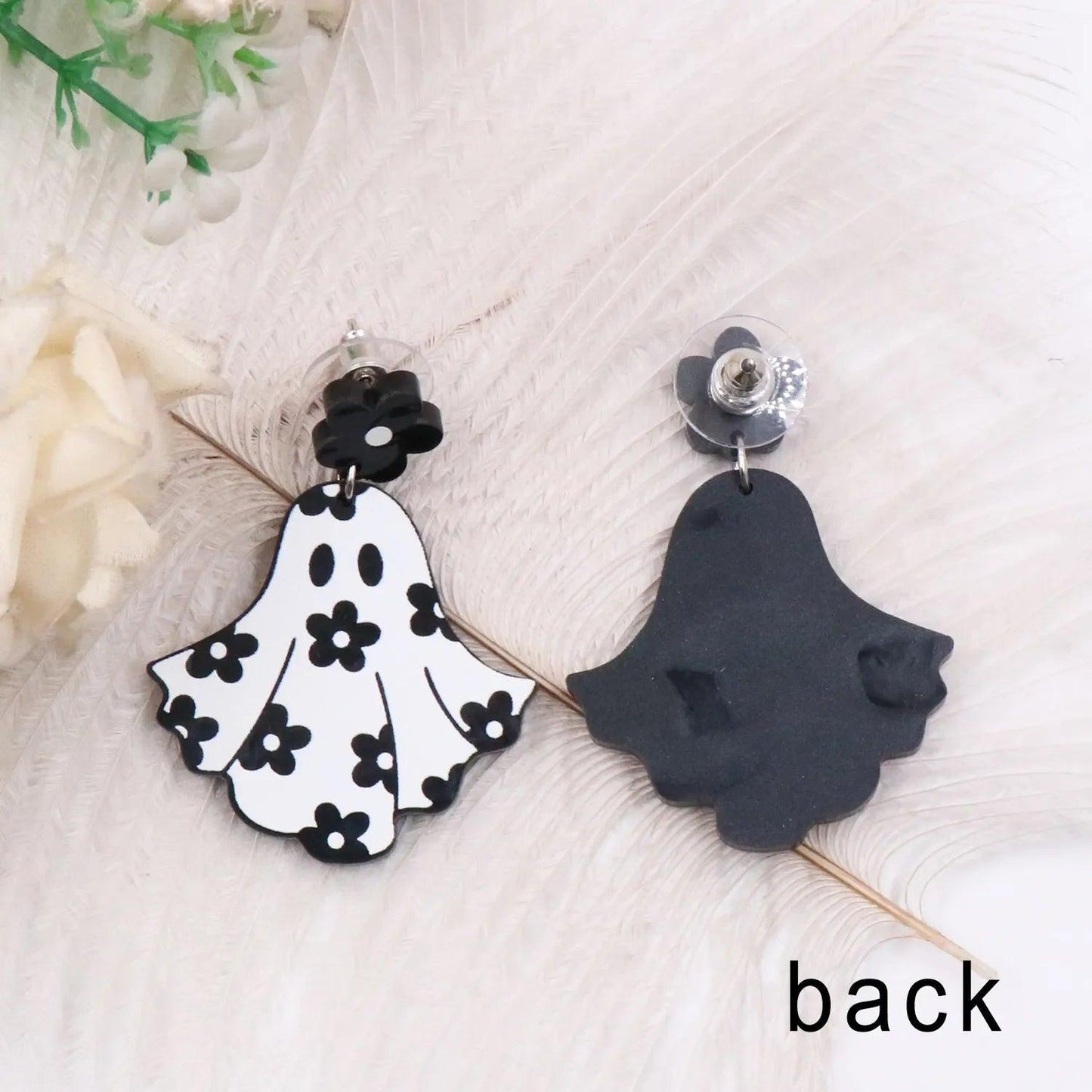 Ghost dangle earrings set: white floral ghost charm and dark ghost silhouette charm