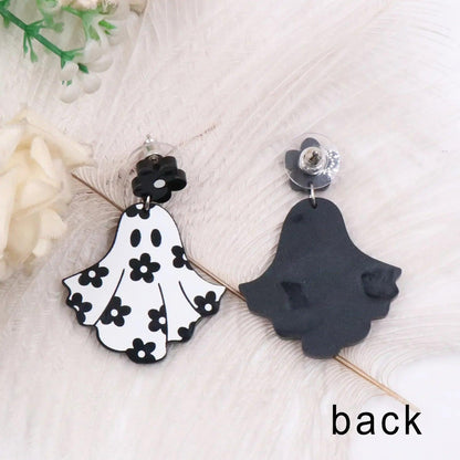 Ghost dangle earrings set: white floral ghost charm and dark ghost silhouette charm
