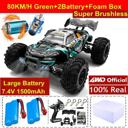 Green-and-teal 1:16 4x4 off-road RC truck with black wheels and knobby tires