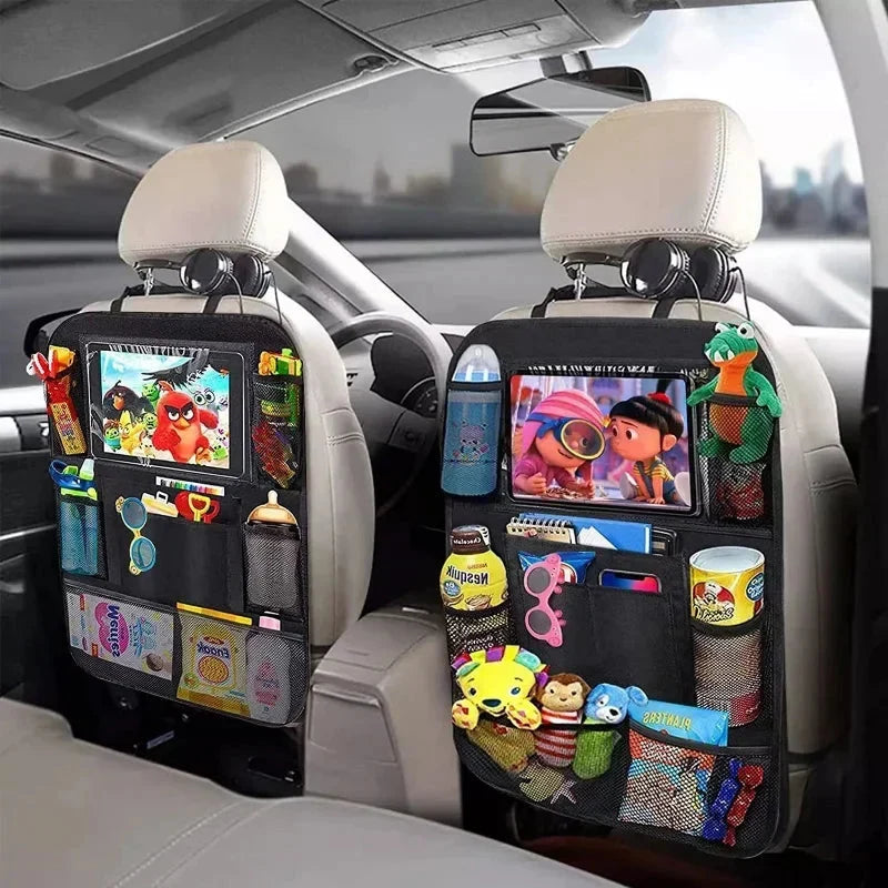 Black car seat back organizer with tablet window and multiple pockets for toys and drinks.