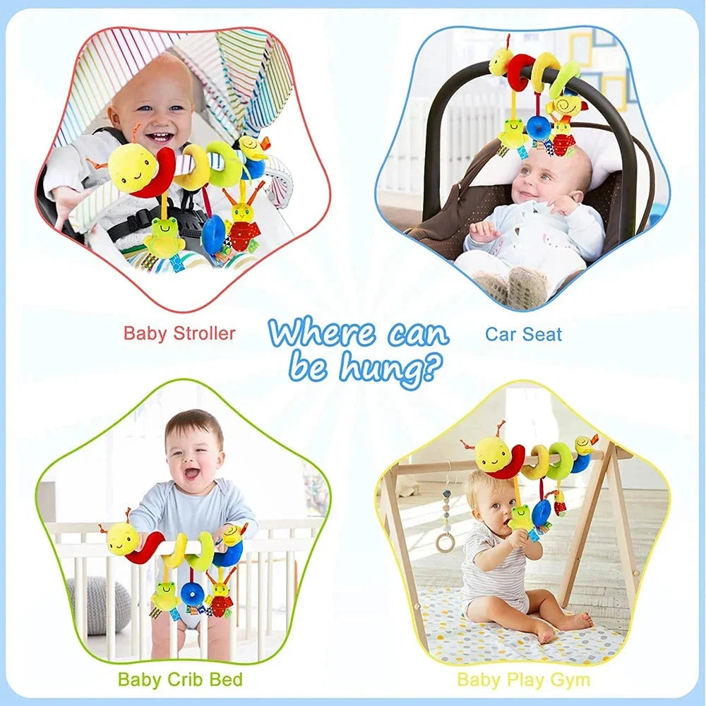 Baby stroller and crib hanging toy set featuring spiral colorful rattles