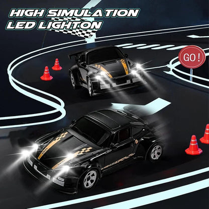 Mini RC drift car with bright LED headlights on a black track with cones