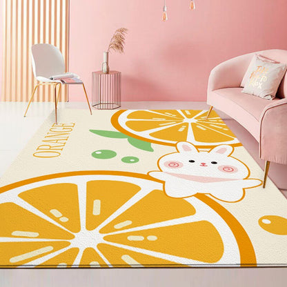 Cream and yellow rabbit area rug with a cartoon bunny and sunburst pattern