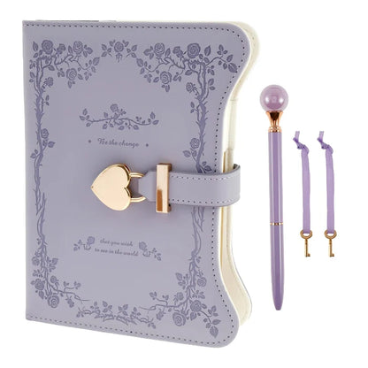 Kawaii Pastel Diary with Heart Lock – 360 Page PU Leather Locked Journal | B6 | Pink & Lilac | Cute Diary Gift