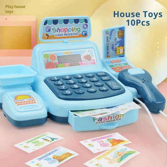 Blue electronic cash register toy with keypad, scanner gun, and play money