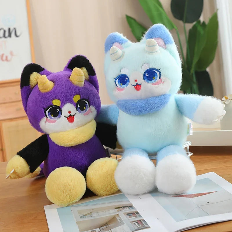 Dragon cat plushies, blue and purple stuffed animals with big round eyes