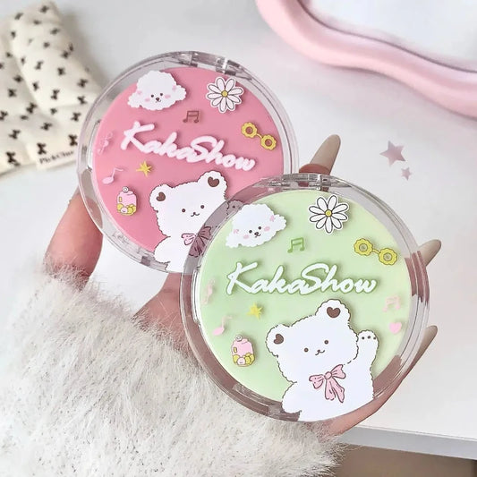 Air cushion foundation compact set in clear cases, pink and green, with cute bear designs