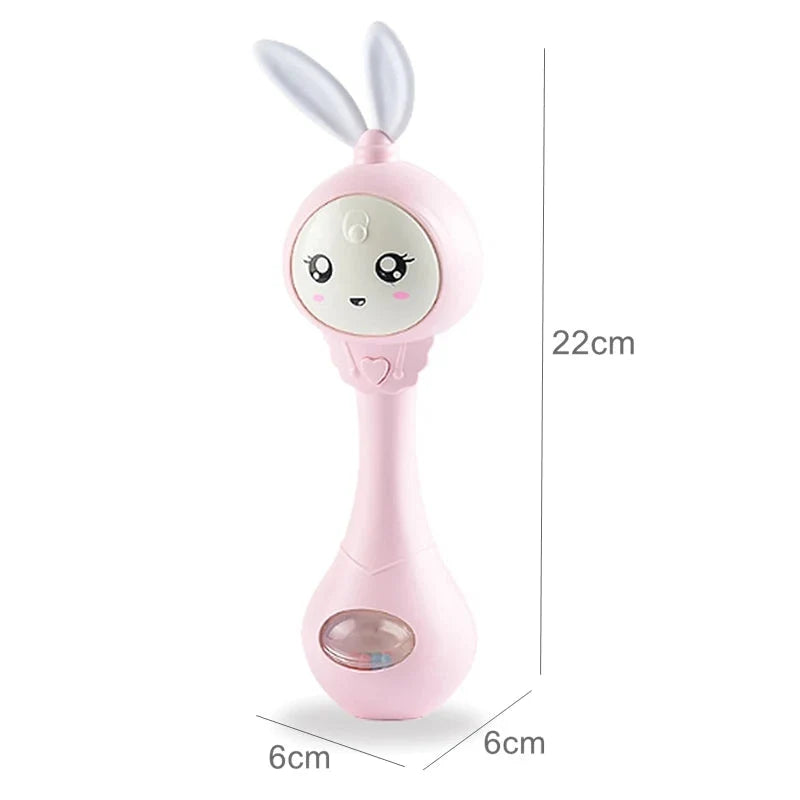 Pink rabbit baby rattle teether toy with bunny ears and round face