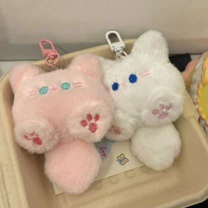 Plush cat keychain bag charm, white and pink fuzzy cat with clip and paw print details