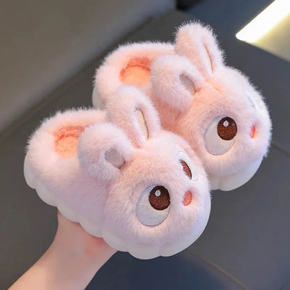 Kids rabbit plush winter slippers, fluffy white and light pink, with cute face detail