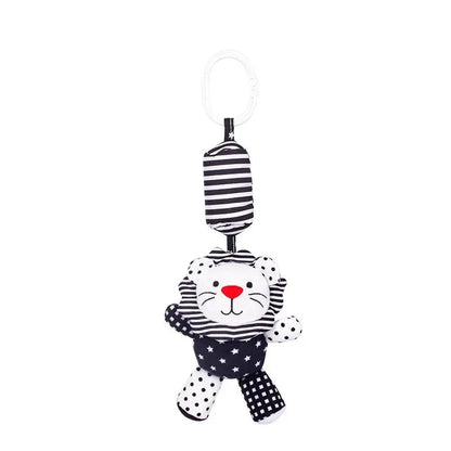 Lion plush stroller hanging bell rattle with red nose and black-and-white markings