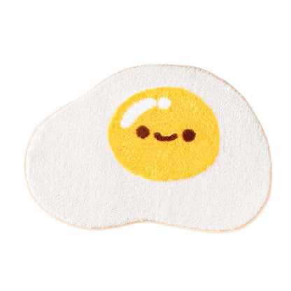 Cute egg bath mat rug, centered yellow smiling egg face on light gray oval