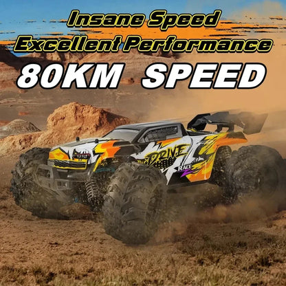Orange and yellow 1:16 4x4 RC off-road truck driving through dust clouds