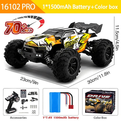 1:16 4WD RC monster truck, white-and-yellow with LED headlights, remote control car