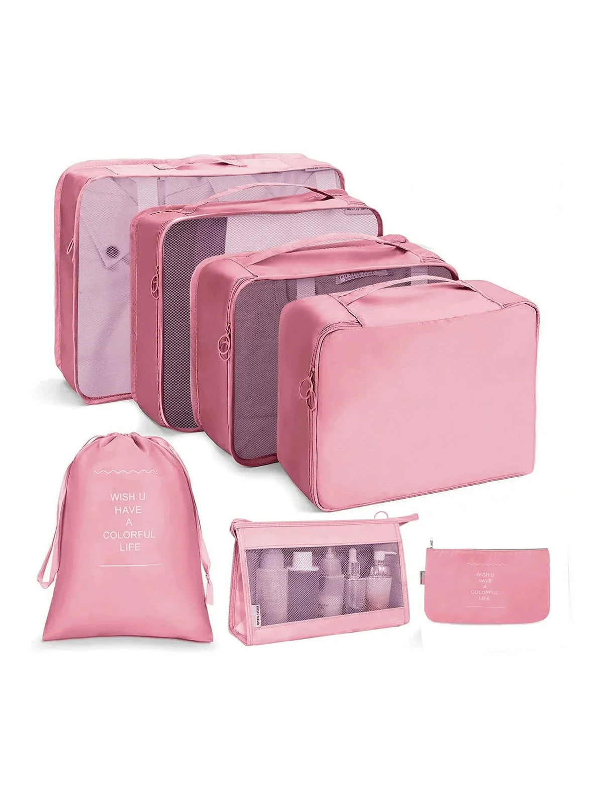 Rose pink packing cubes set with mesh panels and zippered organizer pouches for travel.