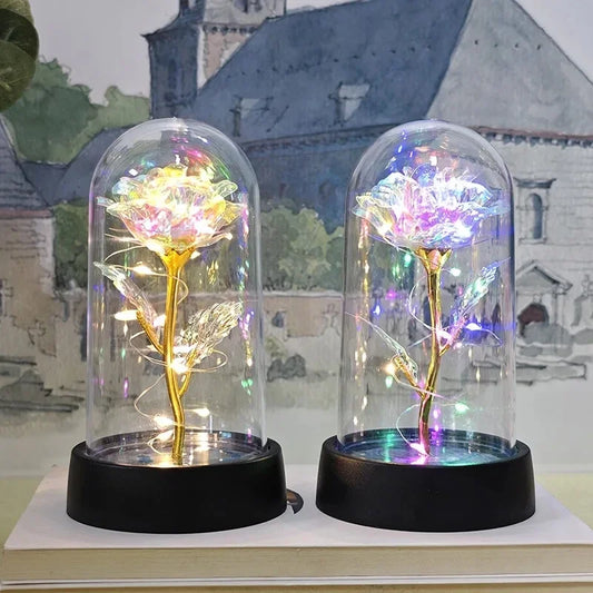 LED artificial rose under clear glass dome with multicolor lights, black base (pair)