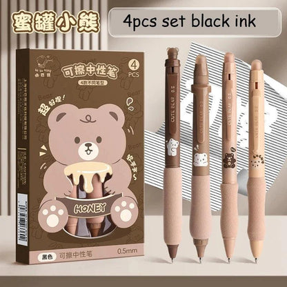 Set of four soft grip gel pens with bear designs, beige barrels, black ink, 0.5 mm tips