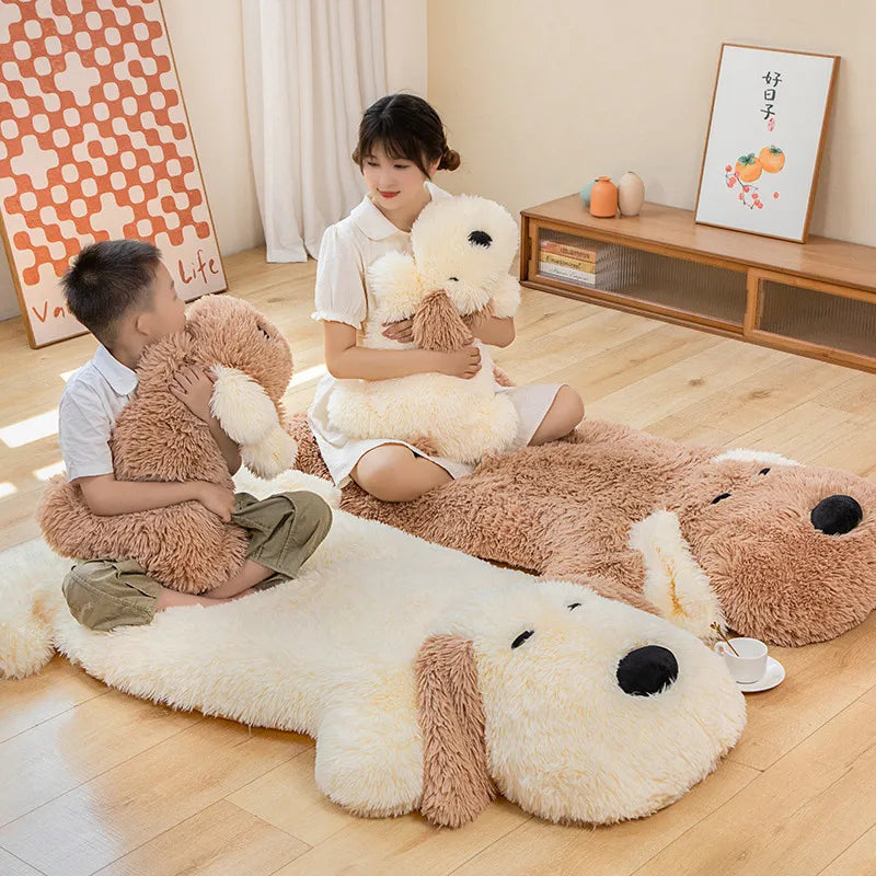 Brown and white plush puppy area rug with black nose and sleepy eye details