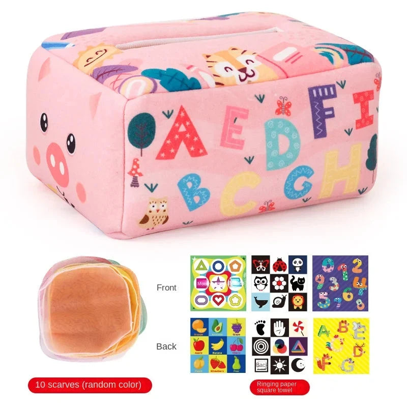 Alphabet and animal print fabric tissue box cover in pink with letter shapes