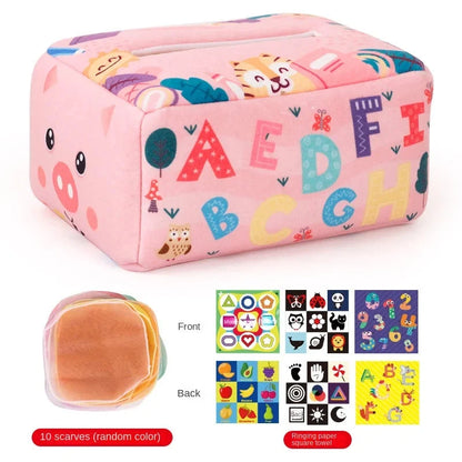 Alphabet and animal print fabric tissue box cover in pink with letter shapes