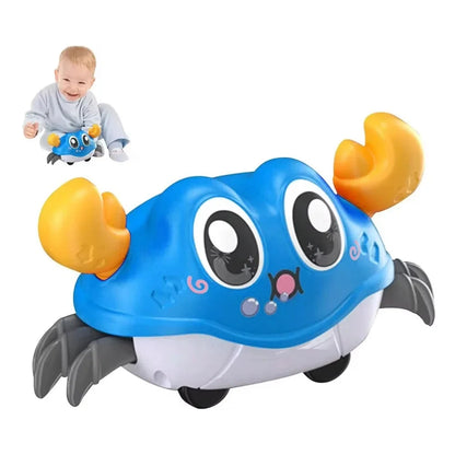 Blue interactive crawling crab toy with big eyes, orange claws, and gray legs