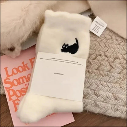 3Pairs Premium Feel Cute Cat Cozy Hairy Mink Velvet Socks Autumn Winter Hosiery Thickened Plush Warm Sleep Home Fluffy Socks