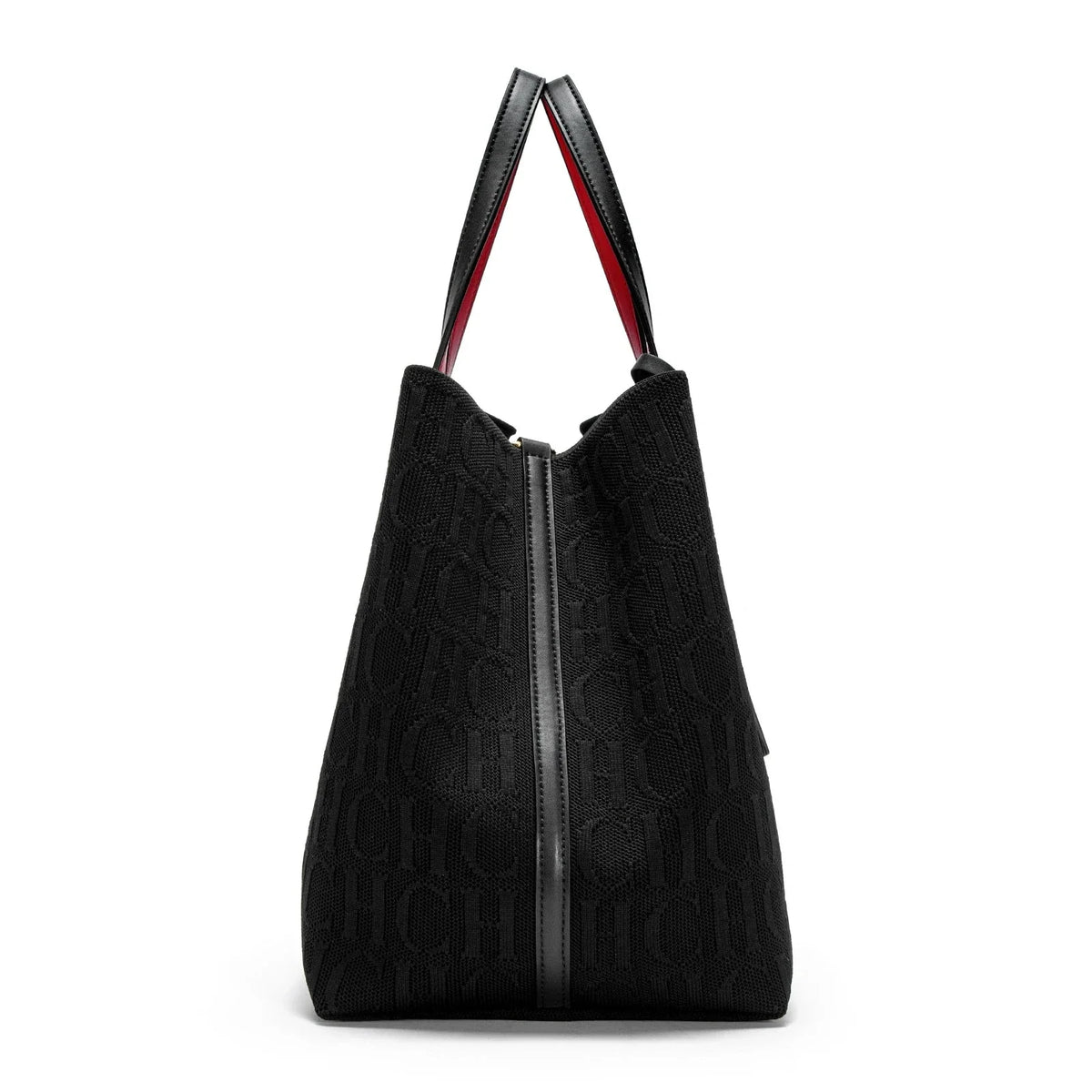 Black knitted tote bag with embossed CHCH pattern, side view, red inner trim, top handles.