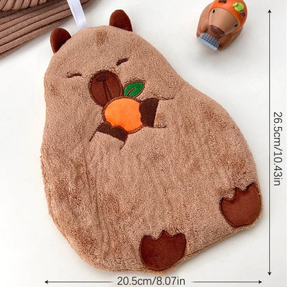 Capybara cotton hand towel with hanging loop, plush back and embroidered orange fruit design