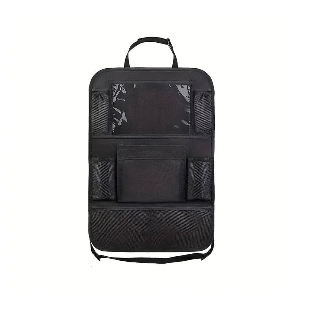 Car seat back storage organizer bag with handle and multi-compartment front panel