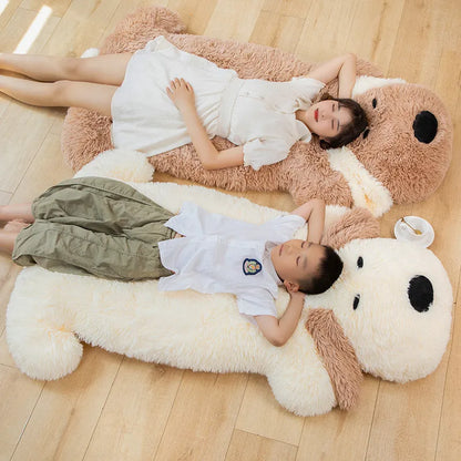 Brown plush puppy dog-shaped area rug with white belly and paws