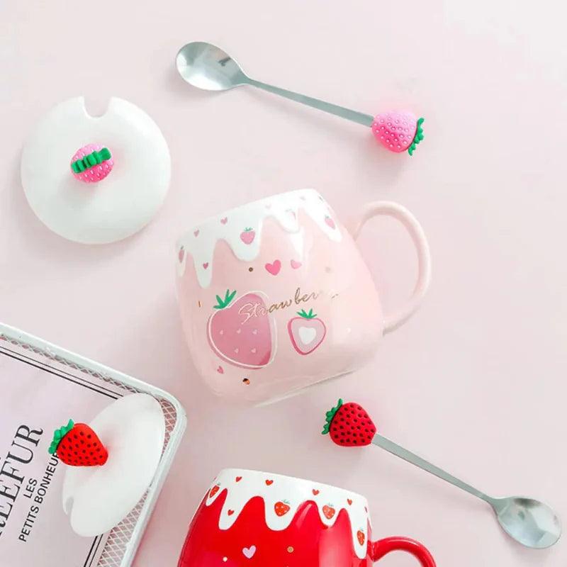 Pink ceramic mug with lid and spoon set; strawberry heart and fruit pattern
