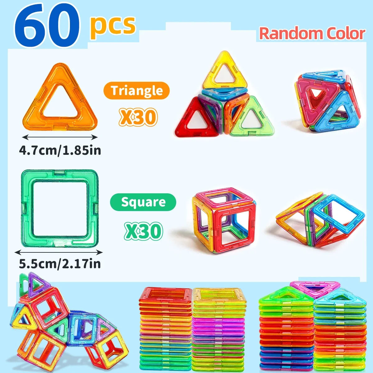 Colorful magnetic triangle and square blocks shown with stacked sets for a building toy kit
