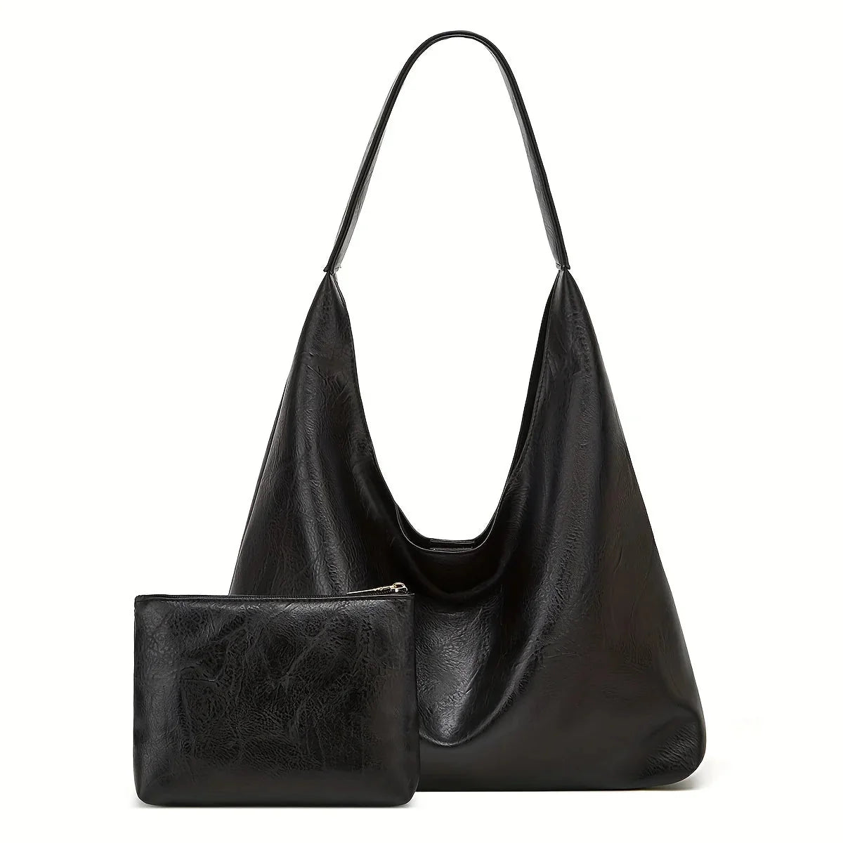 Black shoulder tote bag with large open top and matching front zip pouch