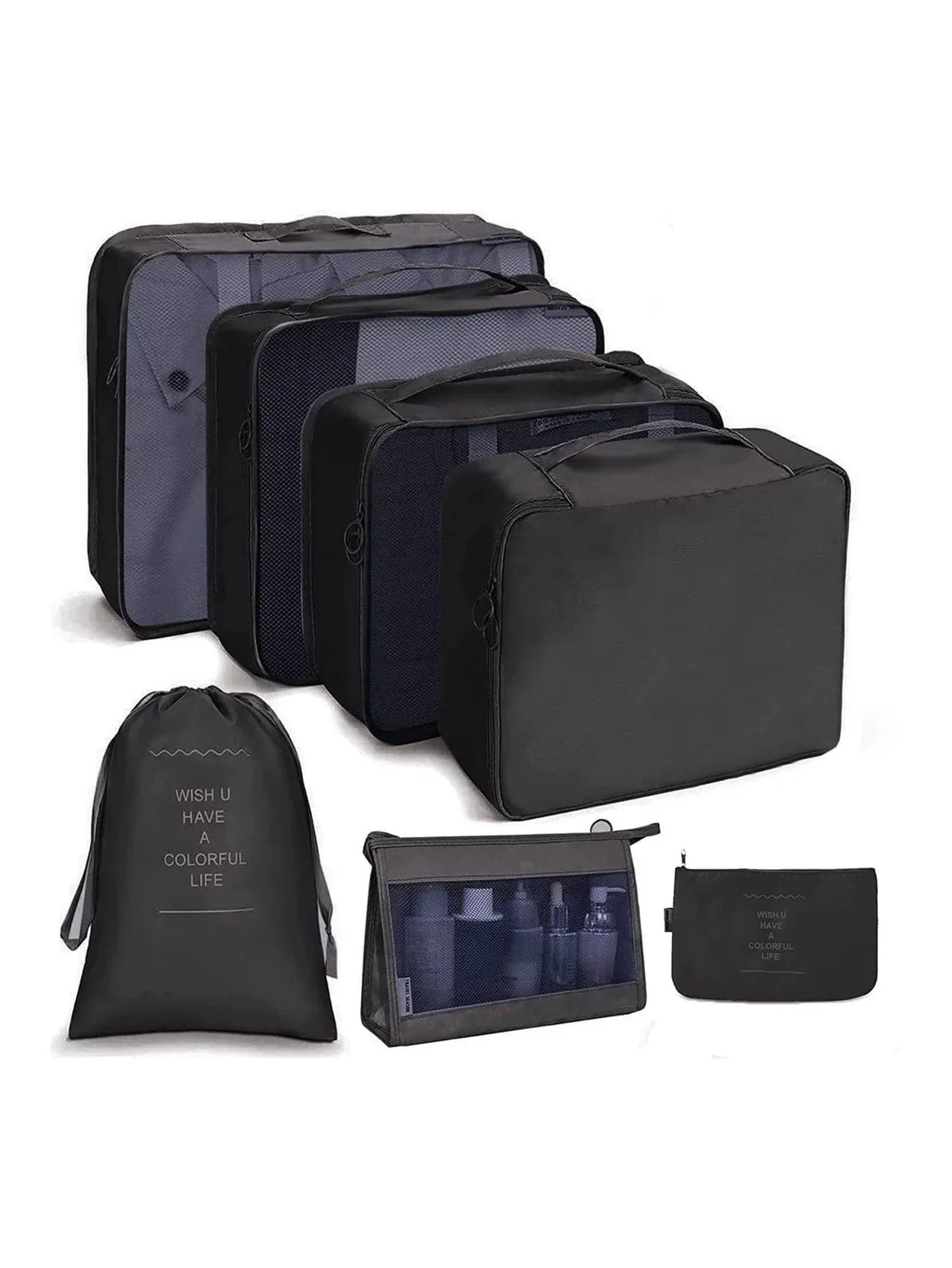 Navy and black travel packing organizer cubes with zippers and included storage pouches