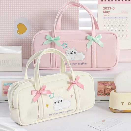 Kawaii Cat Pencil Case with Bows | Cute Stationery Organizer
