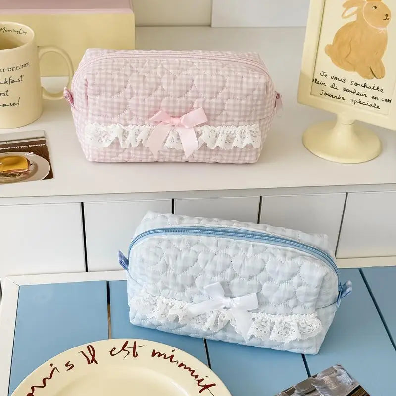 Kawaii Gingham & Lace Pencil Case – Cute Vintage Aesthetic Stationery | Pink & Blue