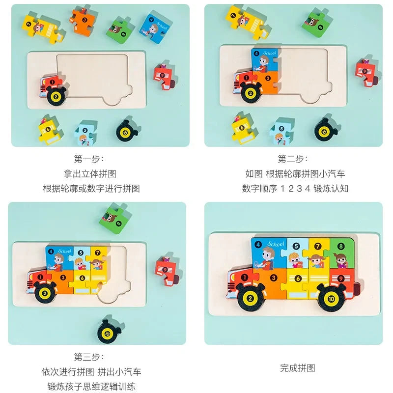 Montessori wooden dinosaur puzzle with numbered pieces and step-by-step assembly