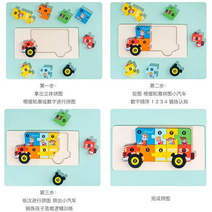 Montessori wooden dinosaur puzzle with numbered pieces and step-by-step assembly