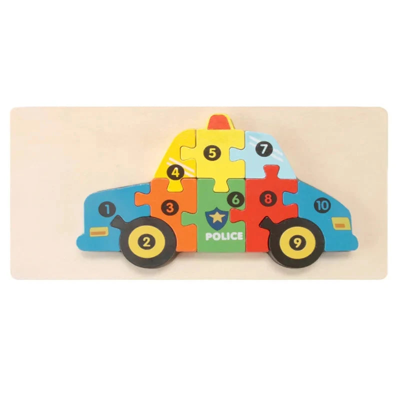 Wooden 3D puzzle car with numbered pieces and POLICE emblem